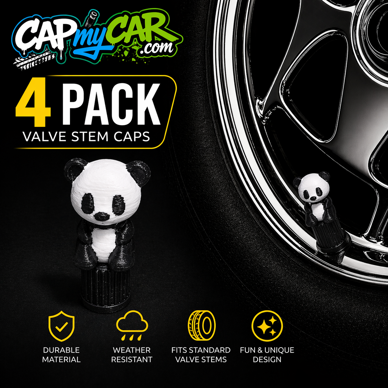 Panda Cute Novelty Tire Valve Stem Caps – Animal 4 Pack | Cap My Car